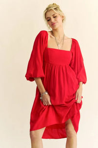 Davi & Dani Solid Textured Fabric Puff Sleeve Tie Back Dress - Brittney MADE