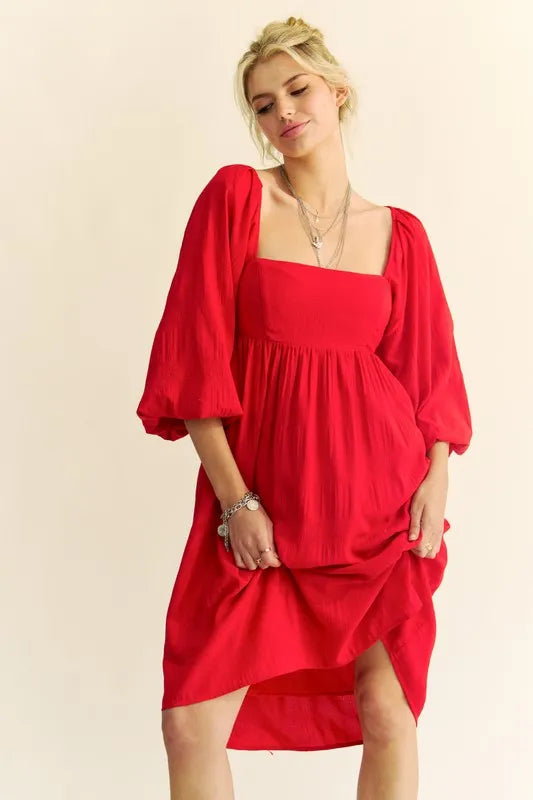 Davi & Dani Solid Textured Fabric Puff Sleeve Tie Back Dress - Brittney MADE