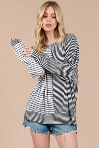 Ces Femme Striped Round Neck Long Sleeve Knit Top - Brittney MADE