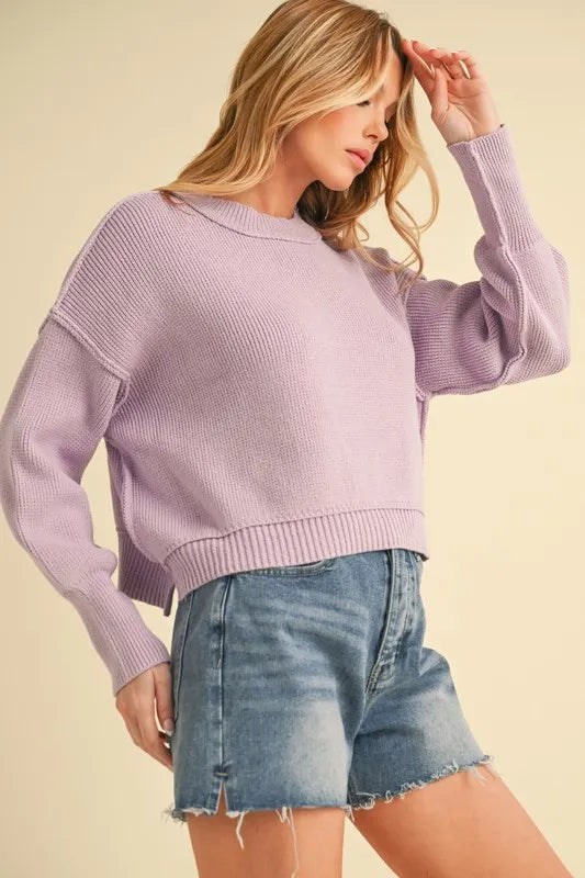 Aemi+Co Ribbed Hem Exposed Seam Round Neck Sweater - Brittney MADE