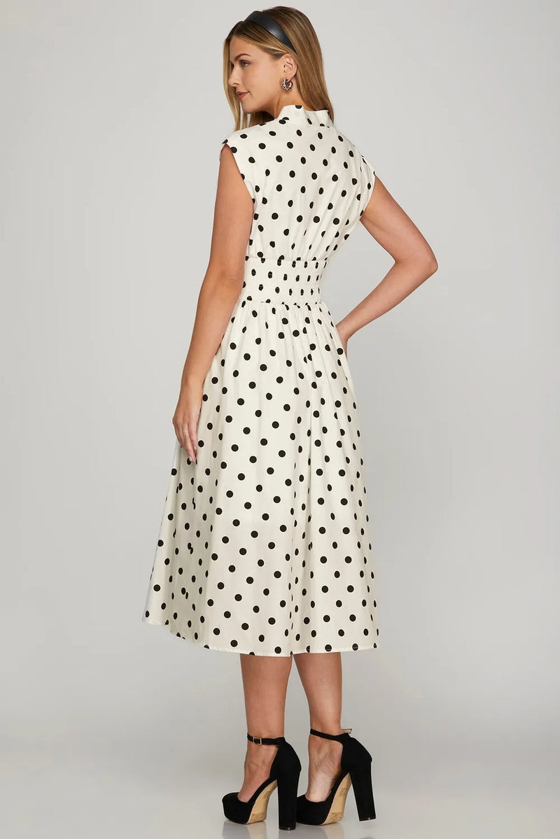 She + Sky Front Zip Polka Dots Cap Sleeve Midi Dress - Brittney MADE