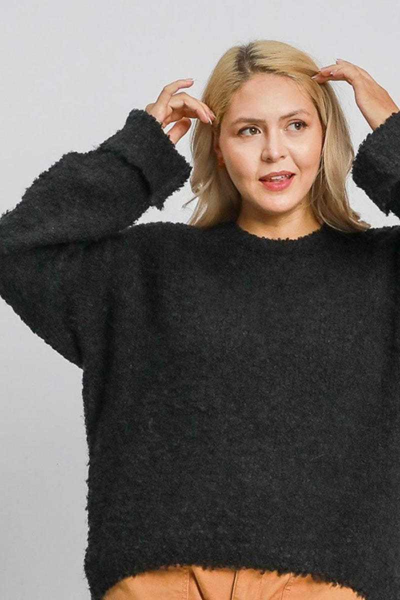 Umgee Full Size Round Neck Long Sleeve Boucle Sweater Plus Size - Brittney MADE