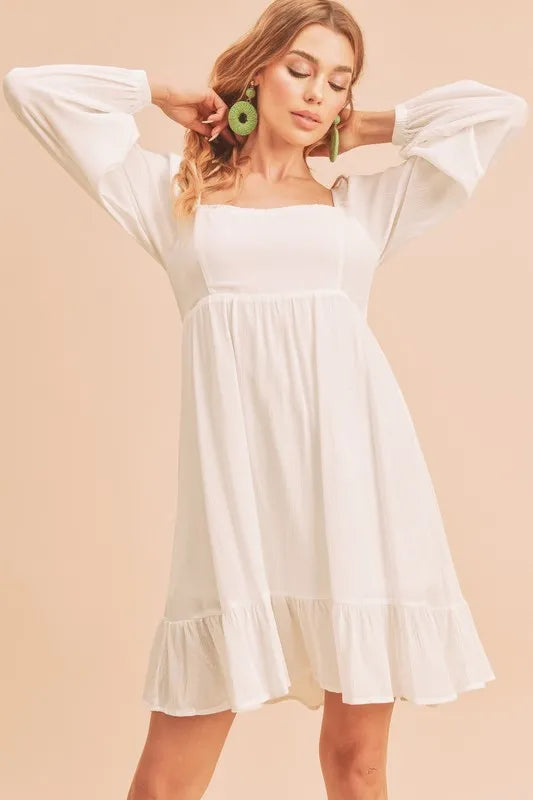 Aemi + Co Ruffled Hem Square Neck Balloon Sleeve Mini Dress - Brittney MADE