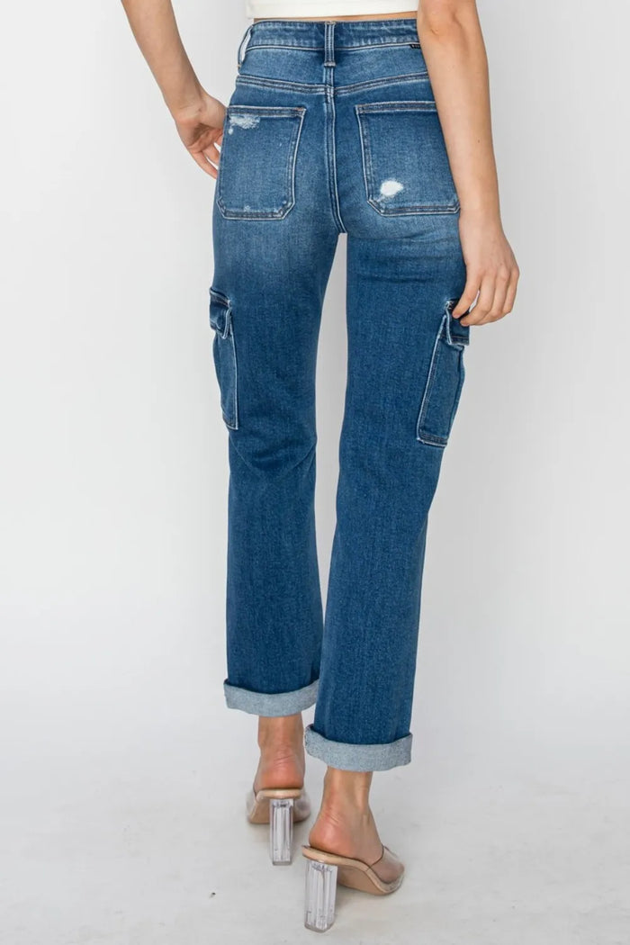 RISEN Full Size High Rise Cargo Ankle Roll Up Straight Jeans - Brittney MADE