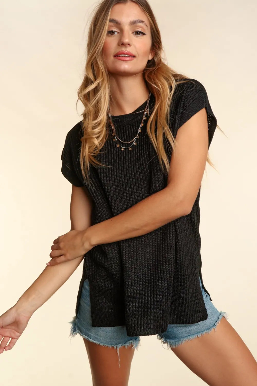 Haptics Pocketed Round Neck Cap Sleeve Knit Top - Brittney MADE