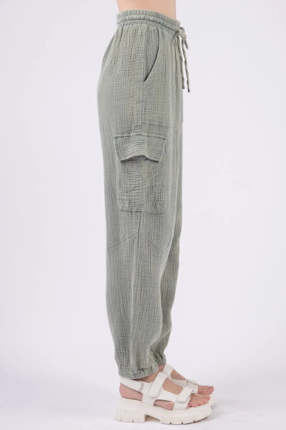 VERY J Washed Woven Crinkle Gauze Drawstring Pants - Brittney MADE