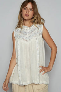 POL Lace Detail Floral Sleeveless Rayon Gauze Top - Brittney MADE