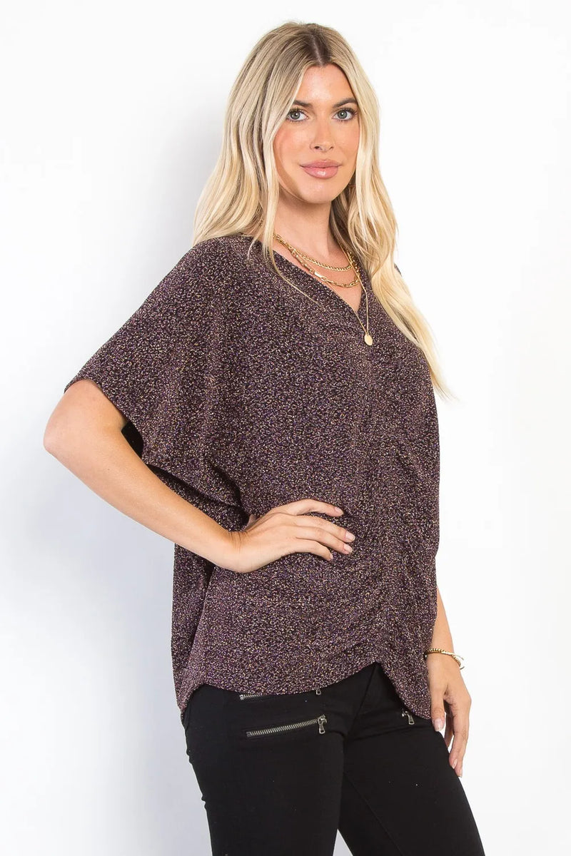 Be Stage Full Size Lurex Center Elastic Cinched Knit Top - Brittney MADE
