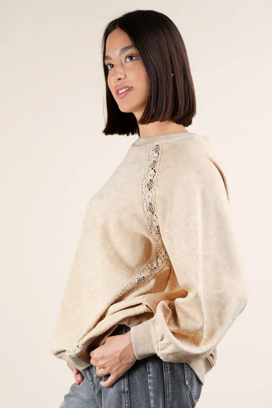 VERY J Plus Size Lace Trim Detail Mineral Washed Knit Top - Brittney MADE