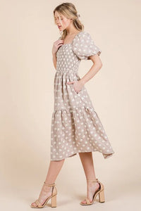 GeeGee Floral Embroidered Smocked Puff Sleeve Tiered Midi Dress - Brittney MADE