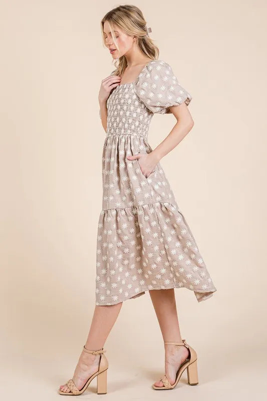 GeeGee Floral Embroidered Smocked Puff Sleeve Tiered Midi Dress - Brittney MADE