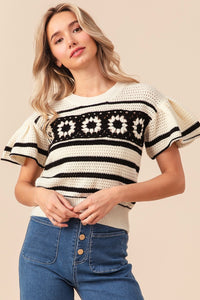 BiBi Granny Square Short Sleeve Striped Sweater - Brittney MADE
