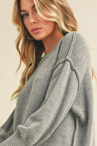Aemi+Co Ribbed Hem Exposed Seam Round Neck Sweater - Brittney MADE