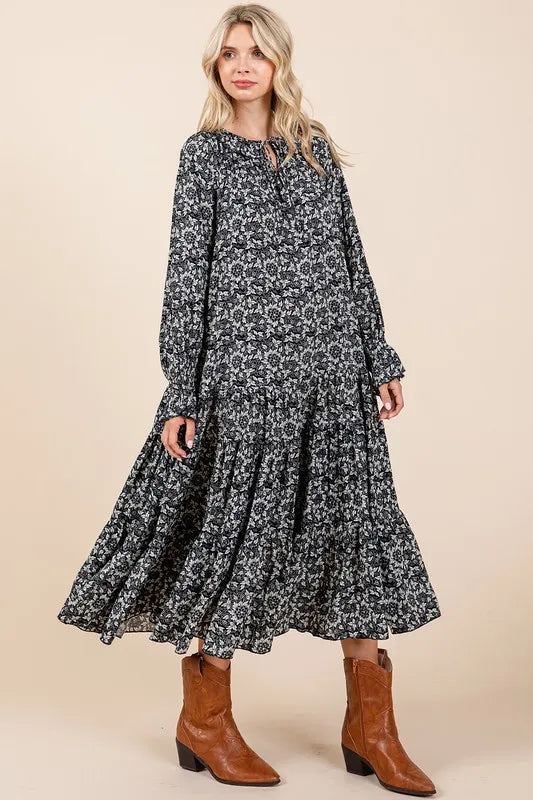 Mittoshop Printed Tie Neck Flounce Sleeve Midi Dress - Brittney MADE