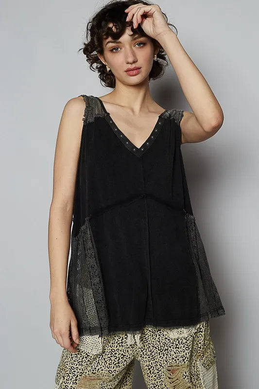 POL Lace Detail Studded Crisscross Back V-Neck Sleeveless Top - Brittney MADE