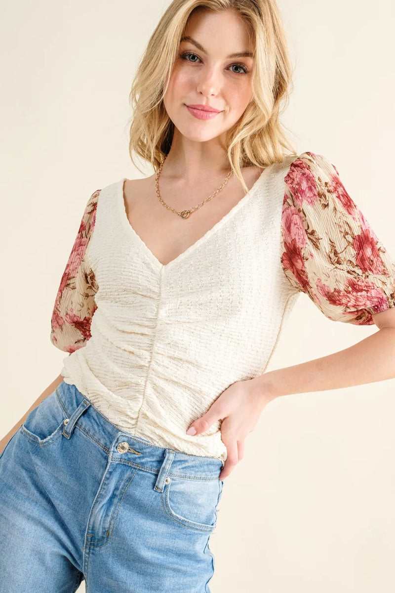 And The Why Full Size Floral Print Textured Sleeve Knit Top - Brittney MADE