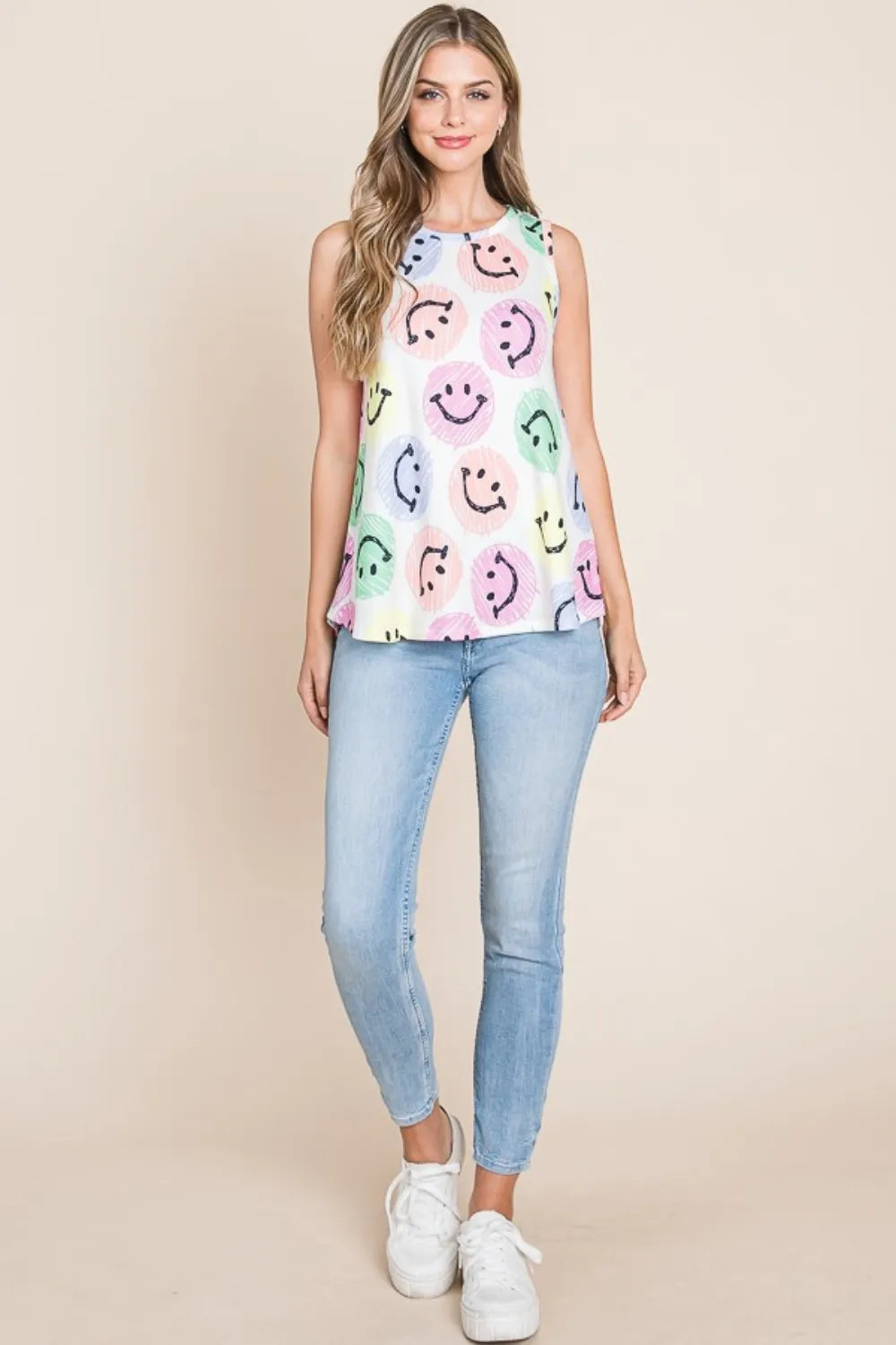 BOMBOM Smiley Face Round Neck Tank - Brittney MADE