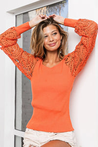 BiBi Round Neck Crochet Lace Sleeve Knit Top - Brittney MADE