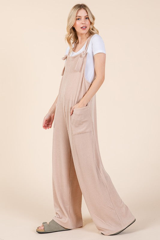 BOMBOM Knot Straps Wide Leg Ribbed Overalls with Pockets - Brittney MADE