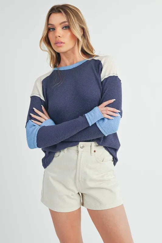 Aemi + Co Raw Seam Color Block Round Neck Knit Top - Brittney MADE