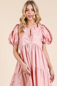 GeeGee Ruffle Trim Puff Sleeve Tiered Babydoll Midi Dress - Brittney MADE