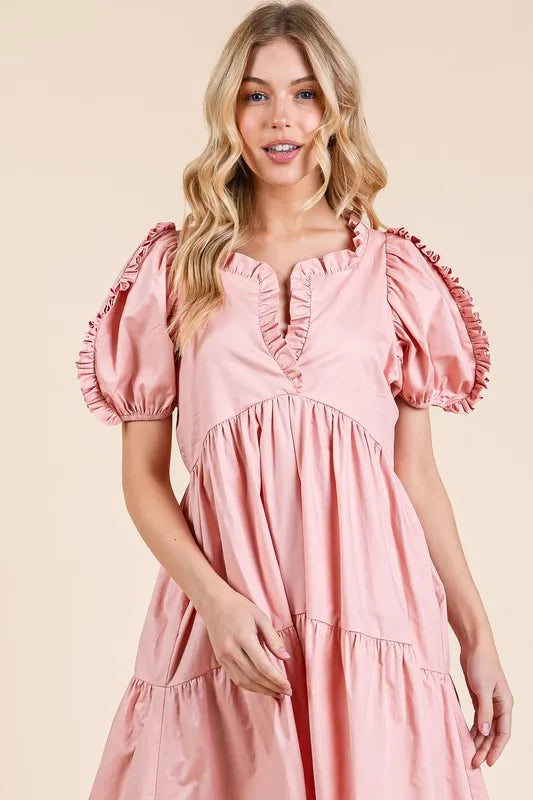 GeeGee Ruffle Trim Puff Sleeve Tiered Babydoll Midi Dress - Brittney MADE