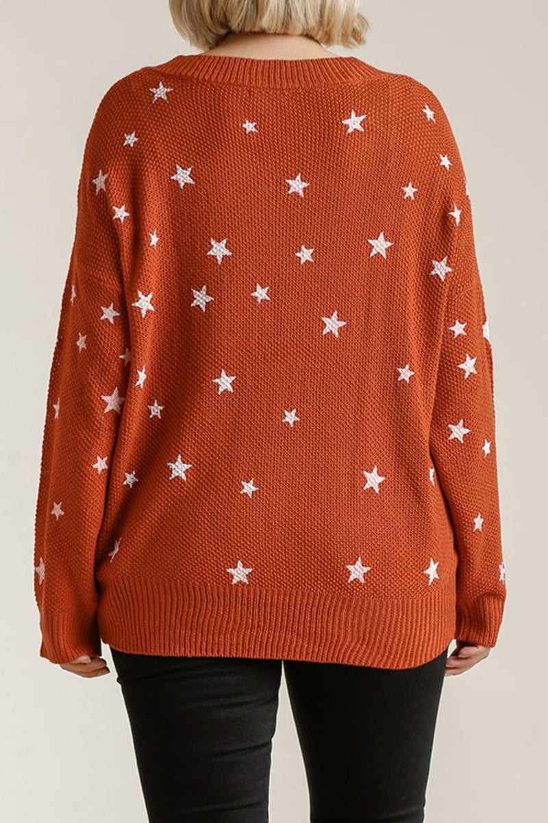 Umgee Full Size Star V-Neck Long Sleeve Sweater Plus Size - Brittney MADE
