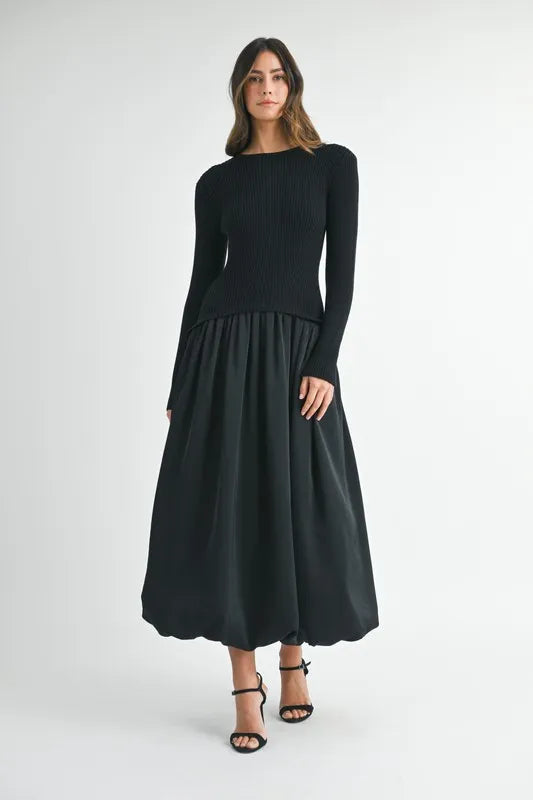 MABLE Ribbed Poplin Mix Midi Sweater Dress - Brittney MADE