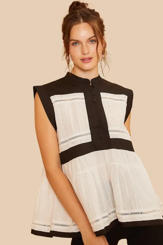 Annie Wear Contrast Trim Peplum Button Detail Blouse - Brittney MADE