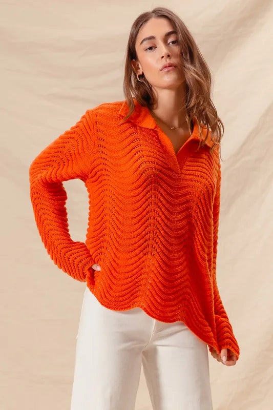 SO ME Notched Collar Wavy Texture Sweater Top - Brittney MADE