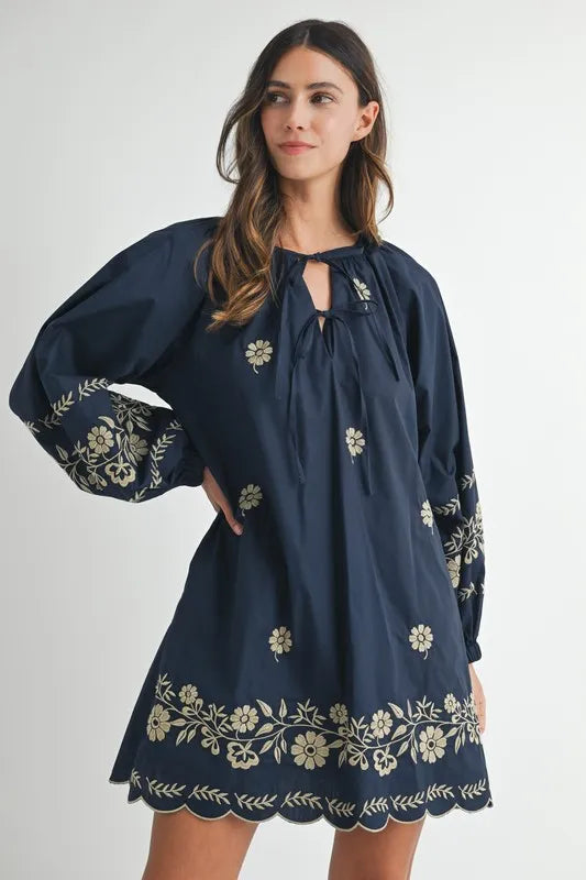 MABLE Embroidered Long Sleeve Peasant Mini Dress - Brittney MADE