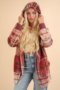 VERY J Fuzzy Plaid Long Sleeve Hooded Jacket - Brittney MADE