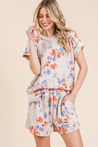 BOMBOM Floral Round Neck RIbbed T-Shirt - Brittney MADE