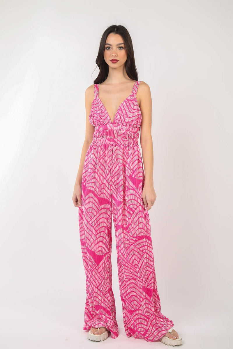 VERY J Printed Pleated Sleeveless Wide Leg Jumpsuit - Brittney MADE