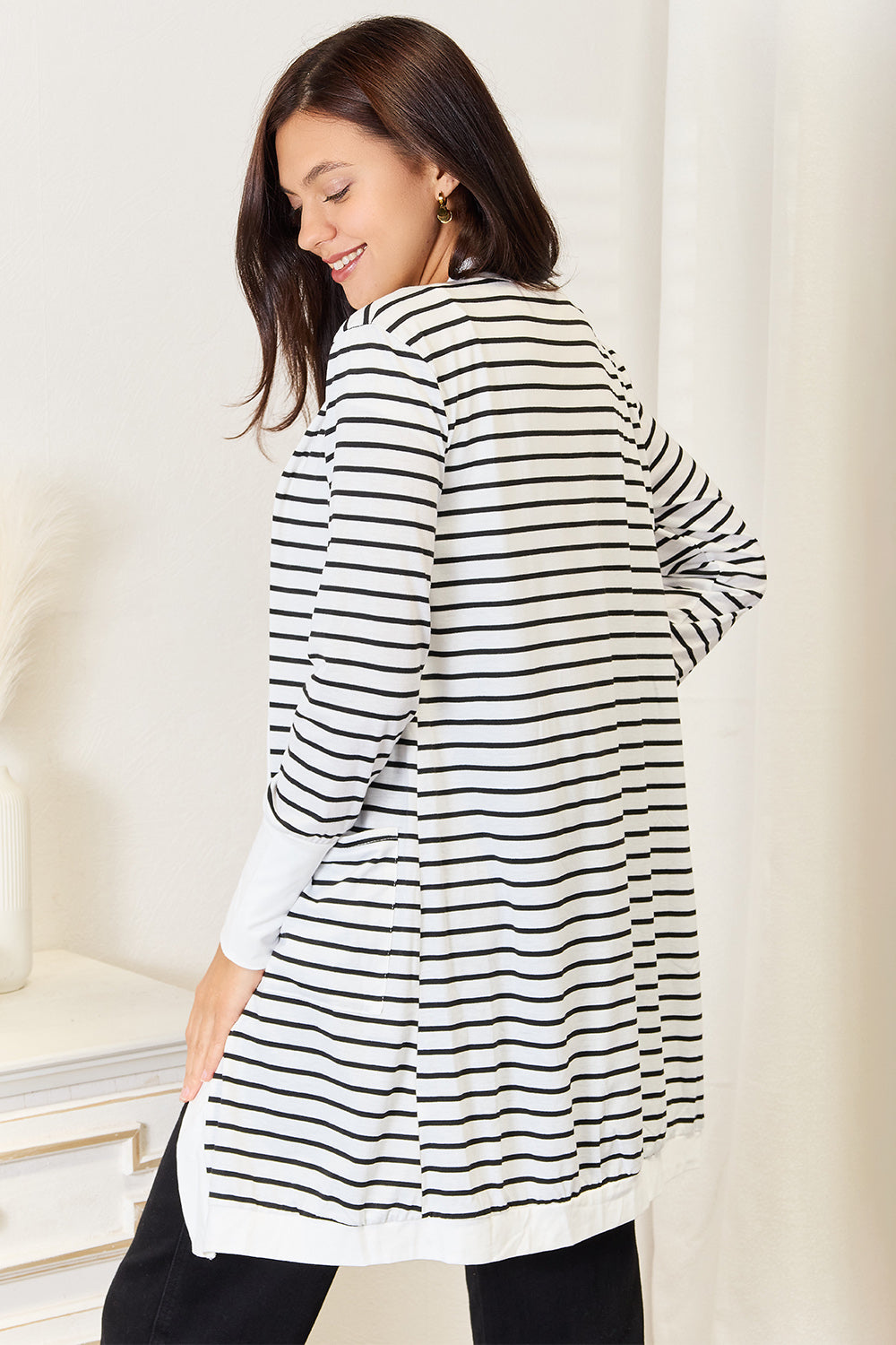 Double Take Striped Open Front Longline Cardigan - Brittney MADE