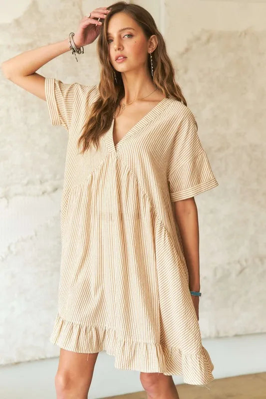 ADORA Ruffled Hem Striped V-Neck Babydoll Dress - Brittney MADE