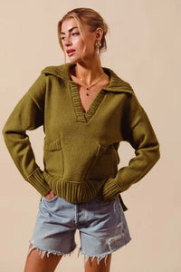 SO ME Flap Collar Sweater Pullover Top with Patch Pocket - Brittney MADE