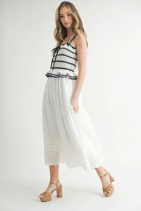 MABLE Crochet Stripe Knit Eyelet Mix Midi Dress - Brittney MADE