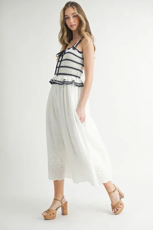 MABLE Crochet Stripe Knit Eyelet Mix Midi Dress - Brittney MADE