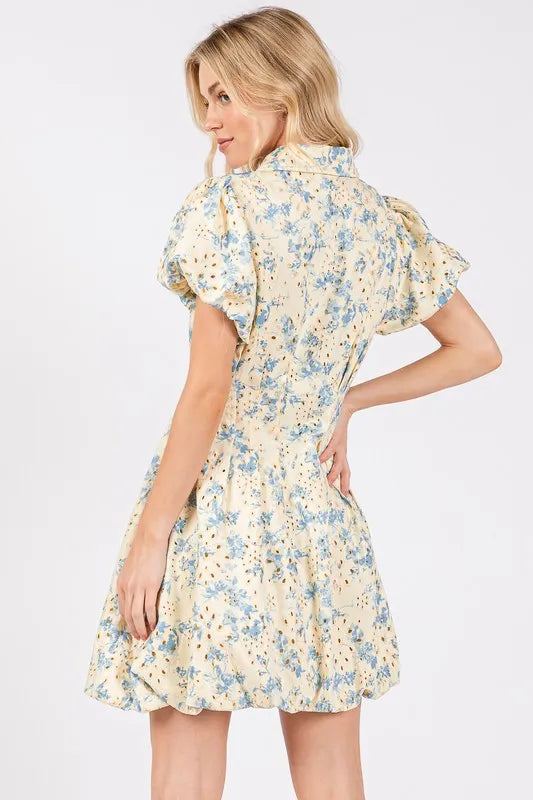 GeeGee Floral Eyelet Zipper Front Puff Sleeve Mini Dress - Brittney MADE
