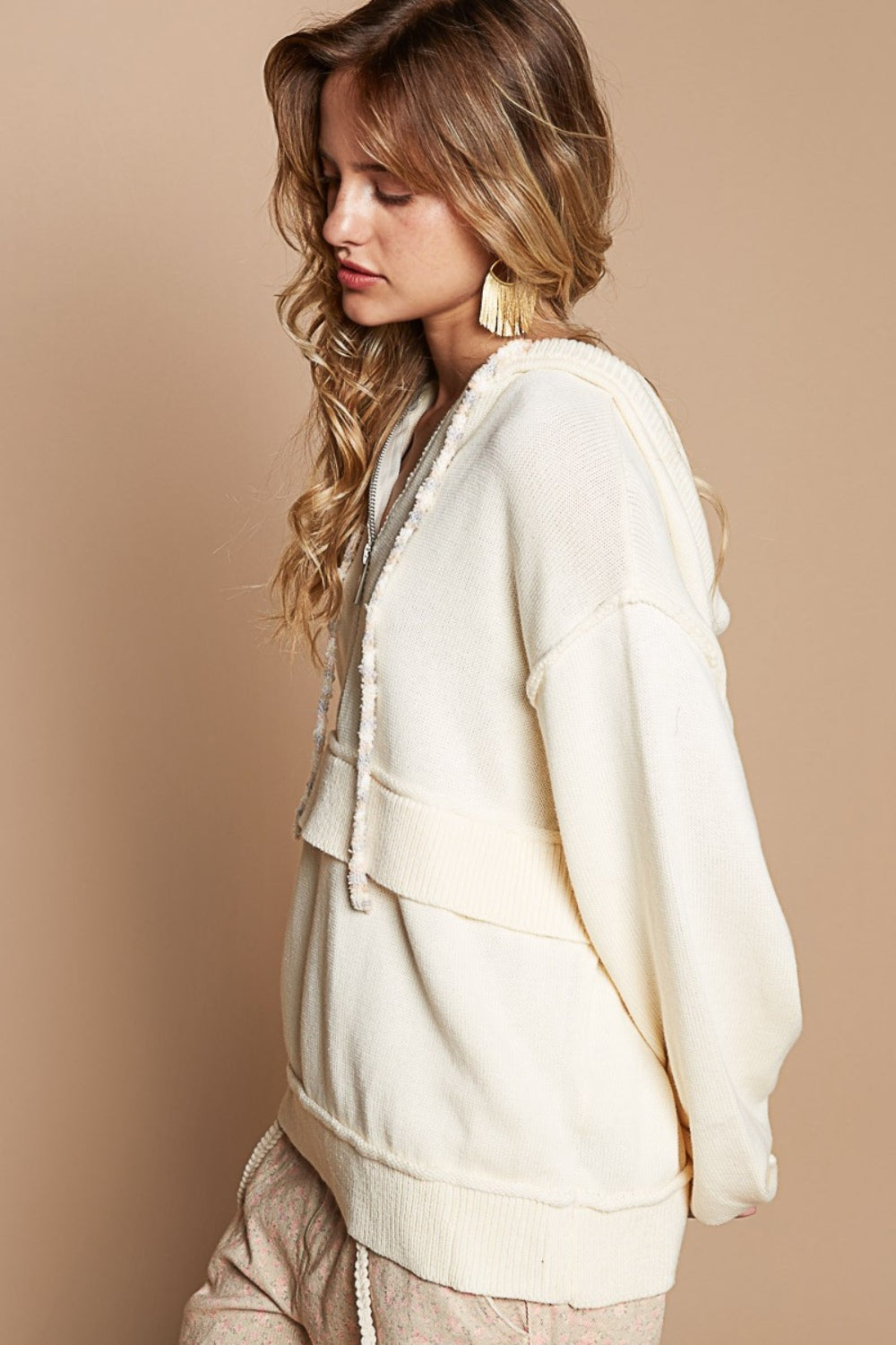 POL Half Zip Drop Shoulder Hooded Sweater - Brittney MADE