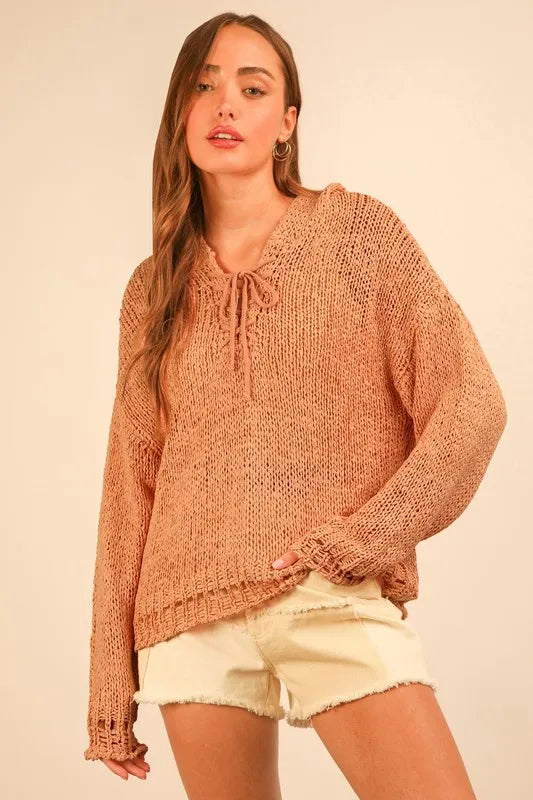 VERY J Oversized Openwork Lace Up Hooded Sweater - Brittney MADE