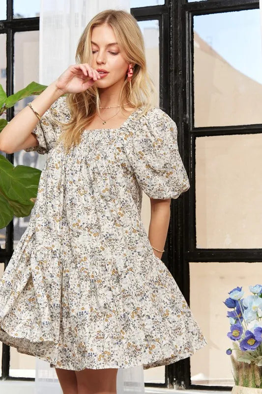 ADORA Floral Square Neck Puff Sleeve Dress - Brittney MADE