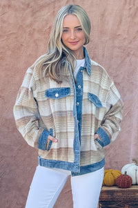 And The Why Full Size Washed Denim Detail Brushed Plaid Jacket - Brittney MADE