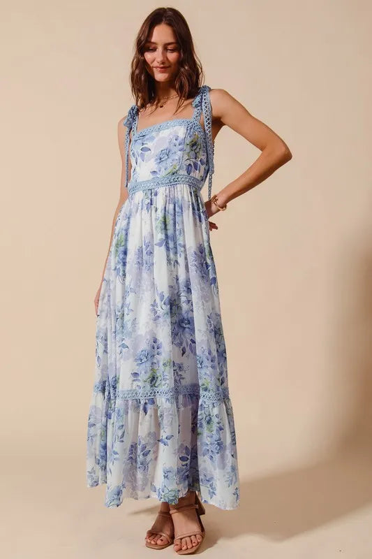 SO ME Floral Print Flowy Maxi Dress with Lace Ribbon Tie - Brittney MADE