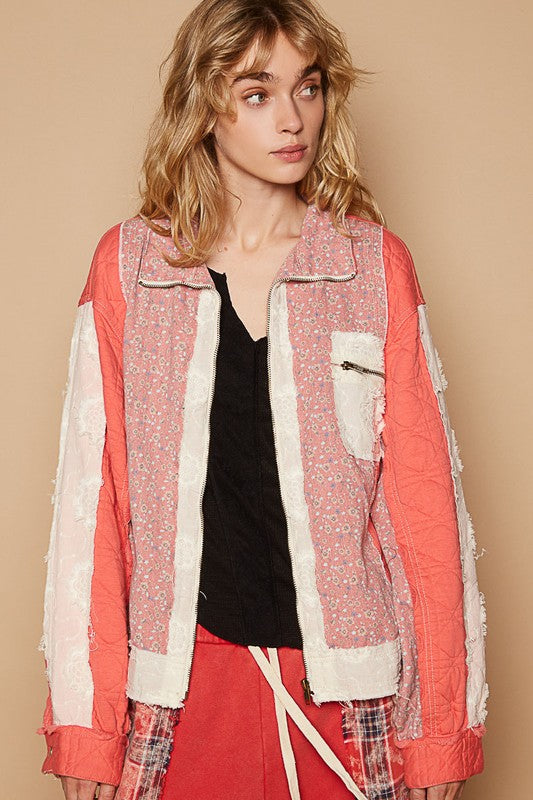 POL Floral Patchwork Zip Up Long Sleeve Jacket - Brittney MADE