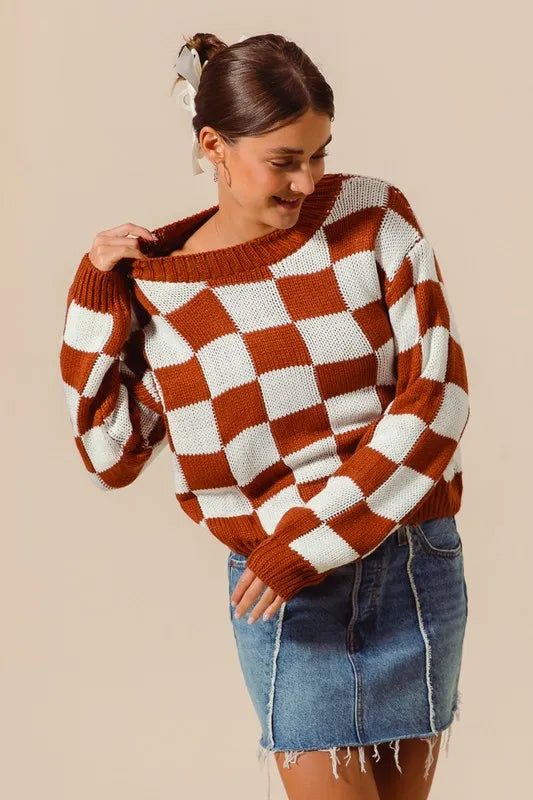 SO ME Loose Fit Checkered Sweater Top - Brittney MADE