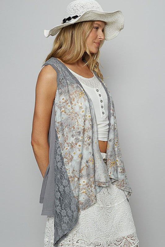 POL Lace Patchwork Floral Open Front Sleeveless Cardigan - Brittney MADE