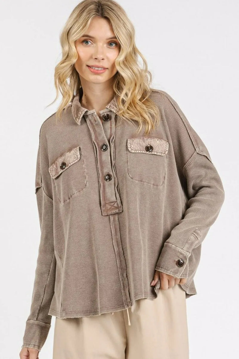 Mittoshop Mineral Wash Waffle Knit Collared Neck Henley Top - Brittney MADE