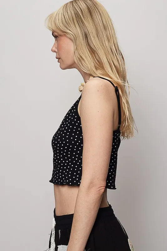 POL Polka Dot Adjustable Strap Cropped Knit Cami - Brittney MADE